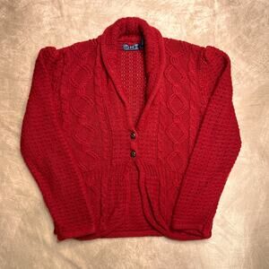 Vintage 80s OHI Cable Knit Cardigan Sweater Red Button Up Diamond Holiday Retro